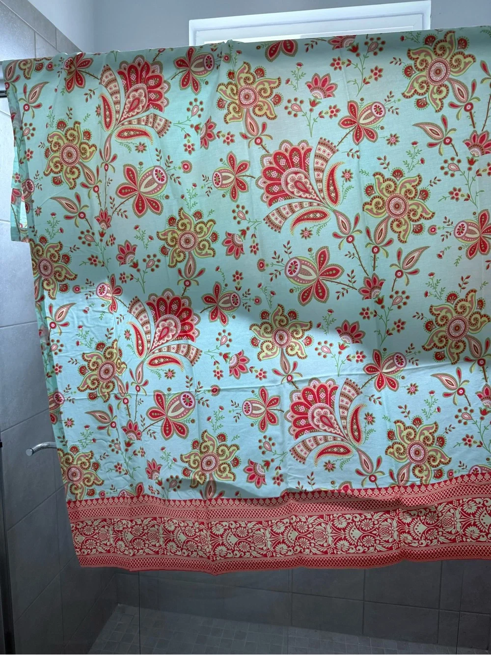 Floral Paisley Shower Curtain in Aqua and Coral